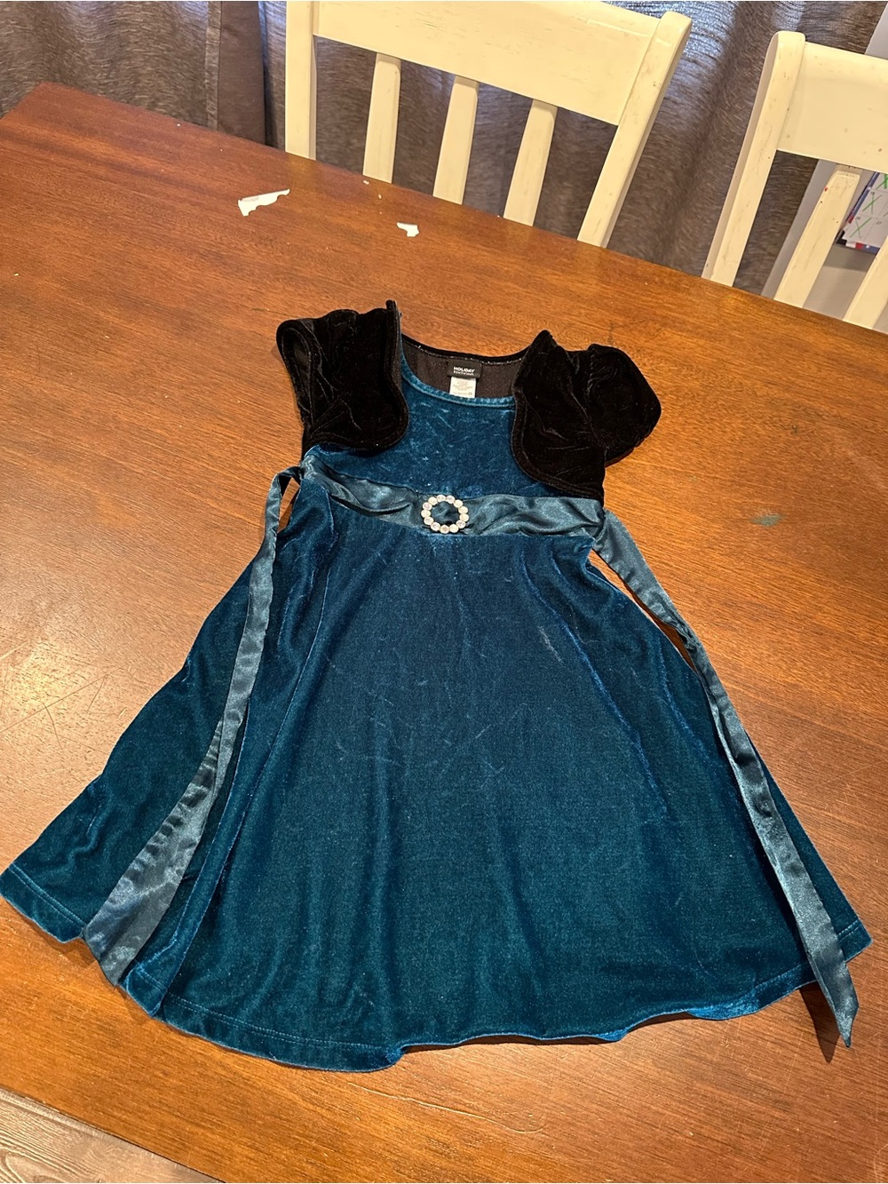 Holiday Editions Teal Velvet Girls Dress with Black Trim